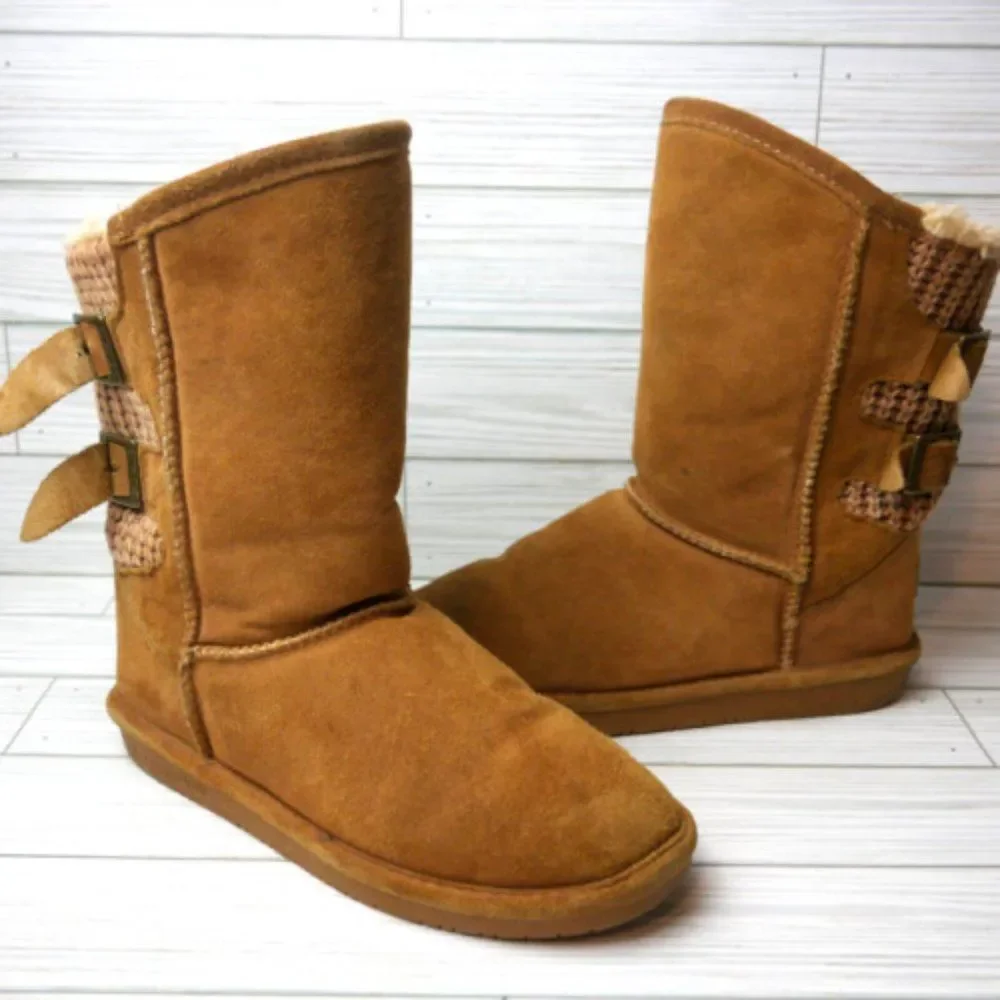 Bearpaw BOSHIE Youth Size 4 Tan Suede Wool Blend Sherpa Lined Mid Calf Boots